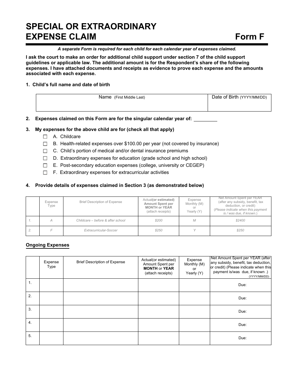 Form F Special or Extraordinary Expense Claim - Manitoba, Canada, Page 1
