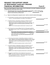 Form D Request for the Support Order (If Respondent Does Not Provide Financial Information) - Prince Edward Island, Canada