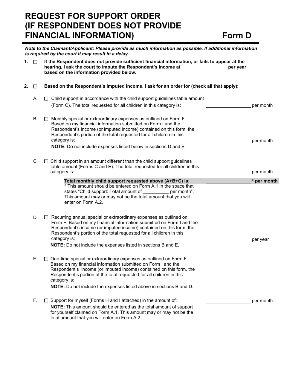 Form D Request for the Support Order (If Respondent Does Not Provide Financial Information) - Prince Edward Island, Canada, Page 1