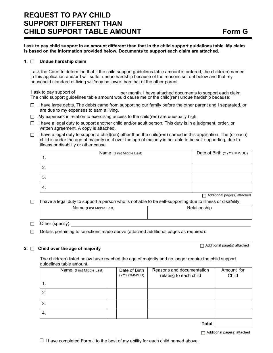 Form G Request to Pay Child Support Different Than Child Support Table Amount - Manitoba, Canada, Page 1