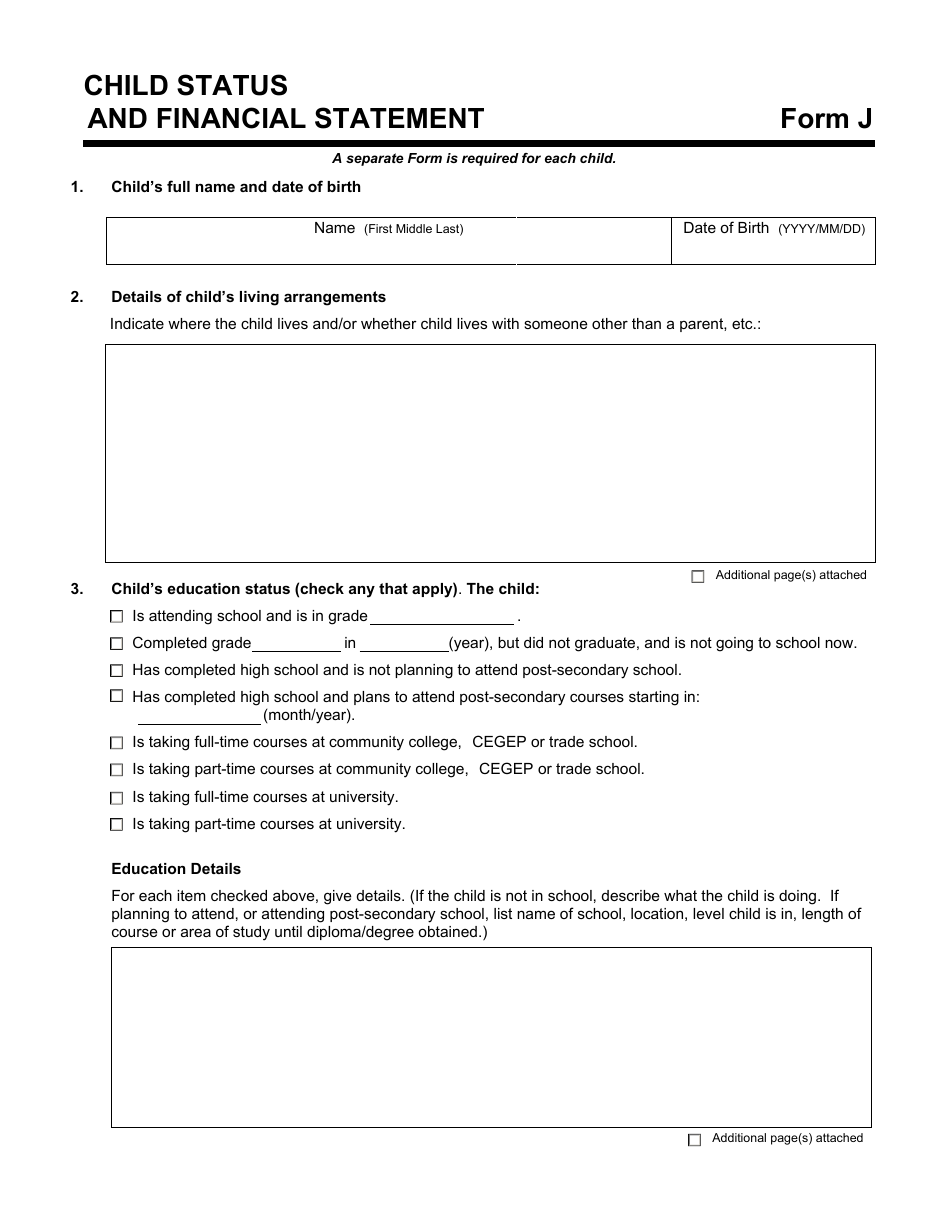 Form J Child Status and Financial Statement - Manitoba, Canada, Page 1