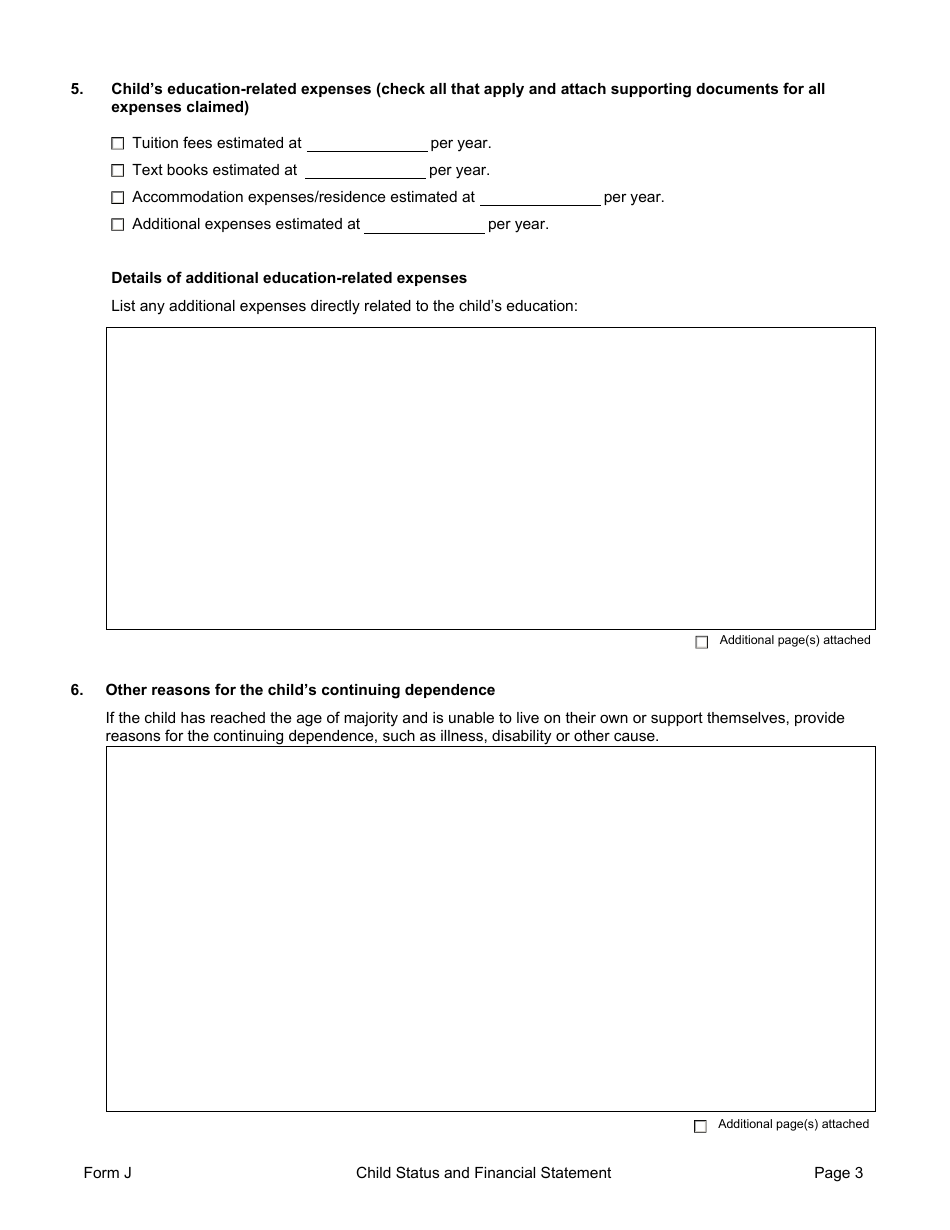 Form J Child Status and Financial Statement - Manitoba, Canada, Page 3