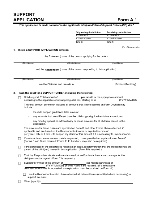 Form A.1 Support Application - Manitoba, Canada