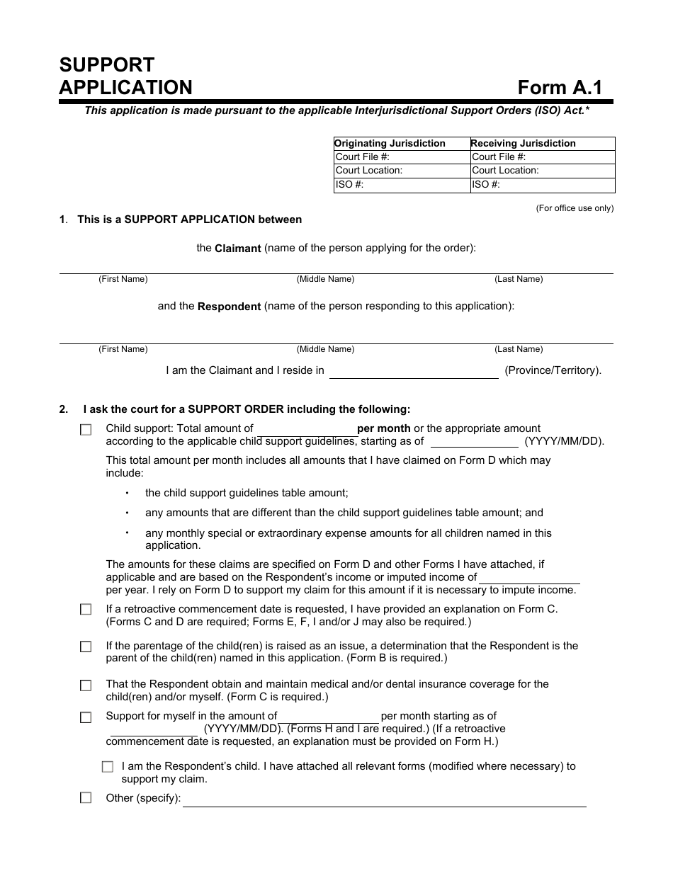 Form A.1 Support Application - Manitoba, Canada, Page 1