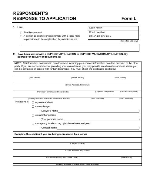 Form L Respondent's Response to Application - Manitoba, Canada
