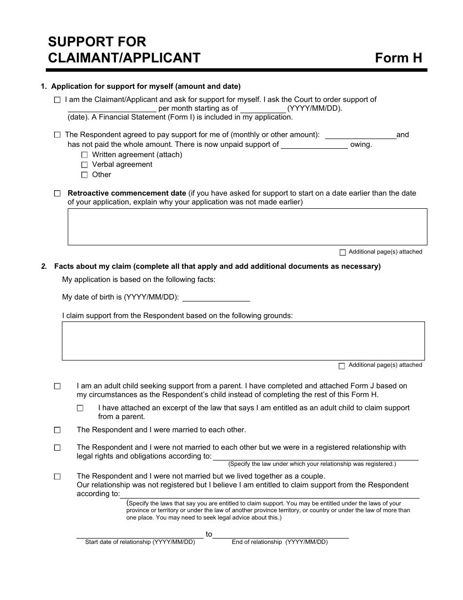 Form H Support for Claimant / Applicant - Manitoba, Canada, Page 1