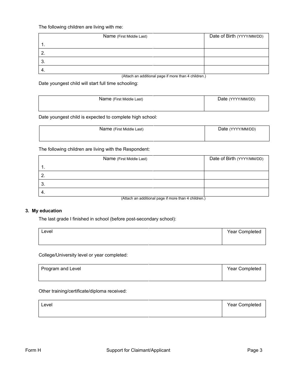 Form H Support for Claimant / Applicant - Manitoba, Canada, Page 3