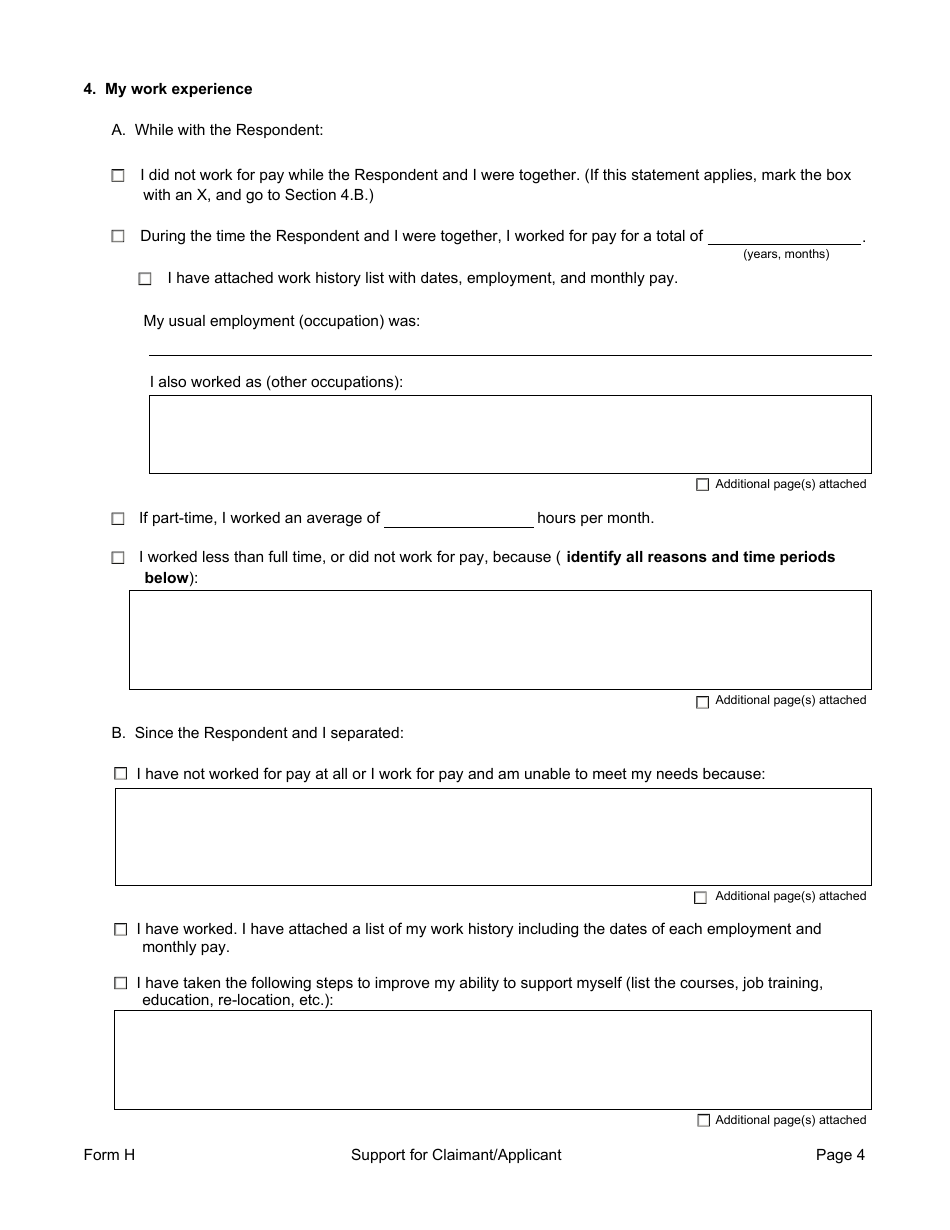 Form H Support for Claimant / Applicant - Manitoba, Canada, Page 4