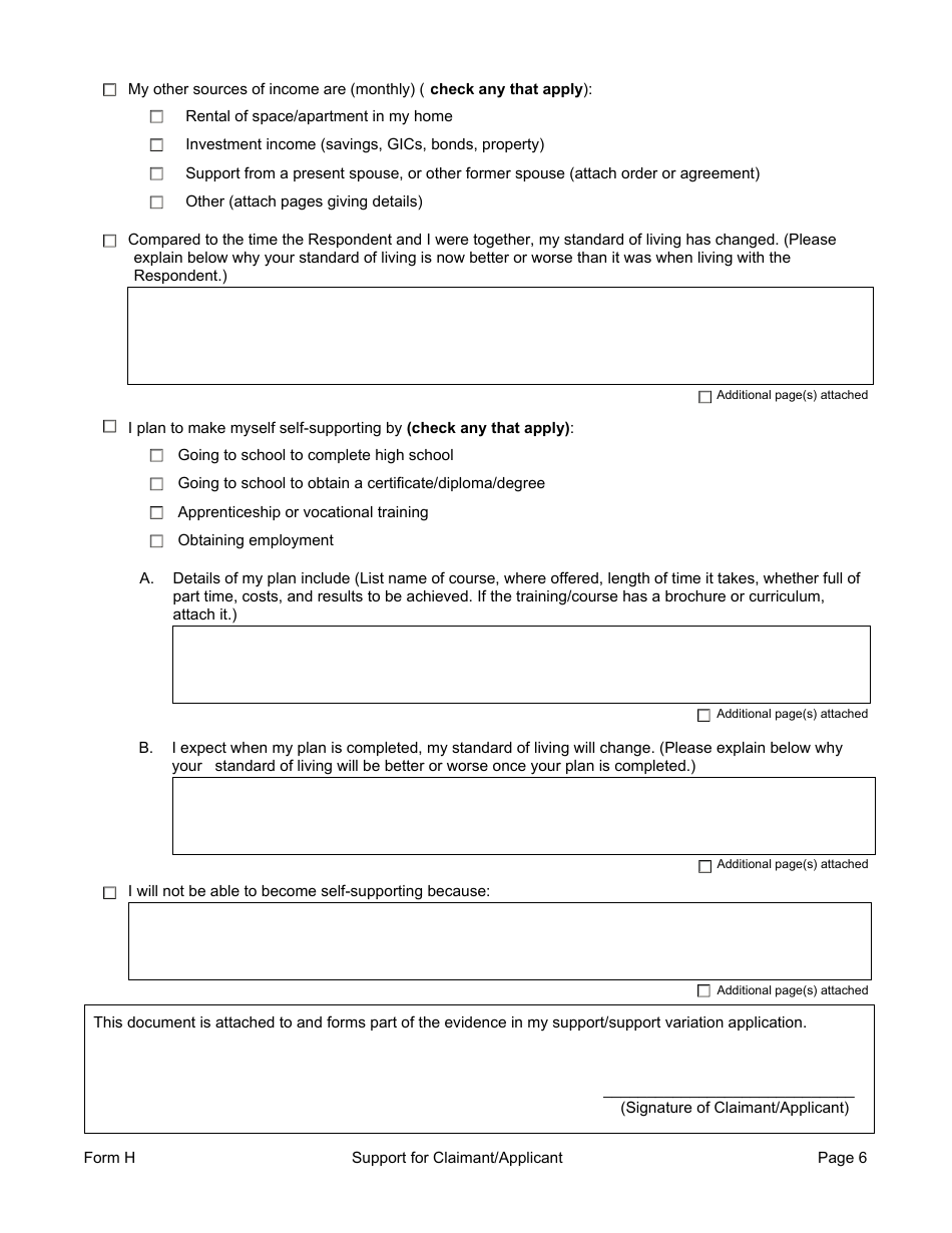 Form H Support for Claimant / Applicant - Manitoba, Canada, Page 6