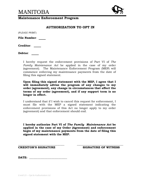 Authorization to Opt in - Manitoba, Canada
