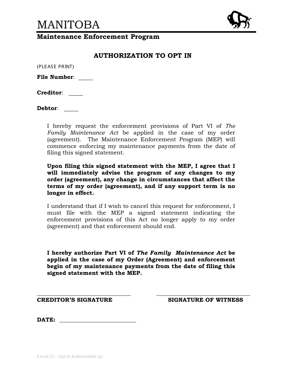 Authorization to Opt in - Manitoba, Canada, Page 1