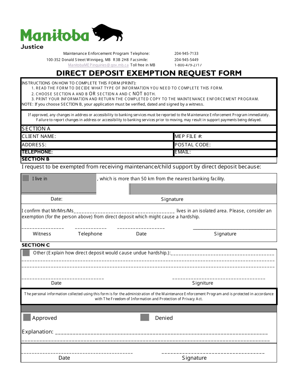 Direct Deposit Exemption Request Form - Manitoba, Canada, Page 1