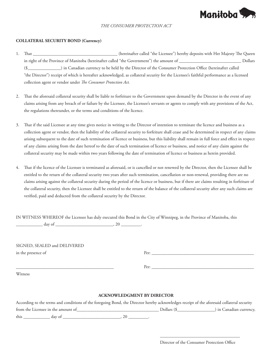 Manitoba Canada Collateral Security Bond (Currency) - Fill Out, Sign ...