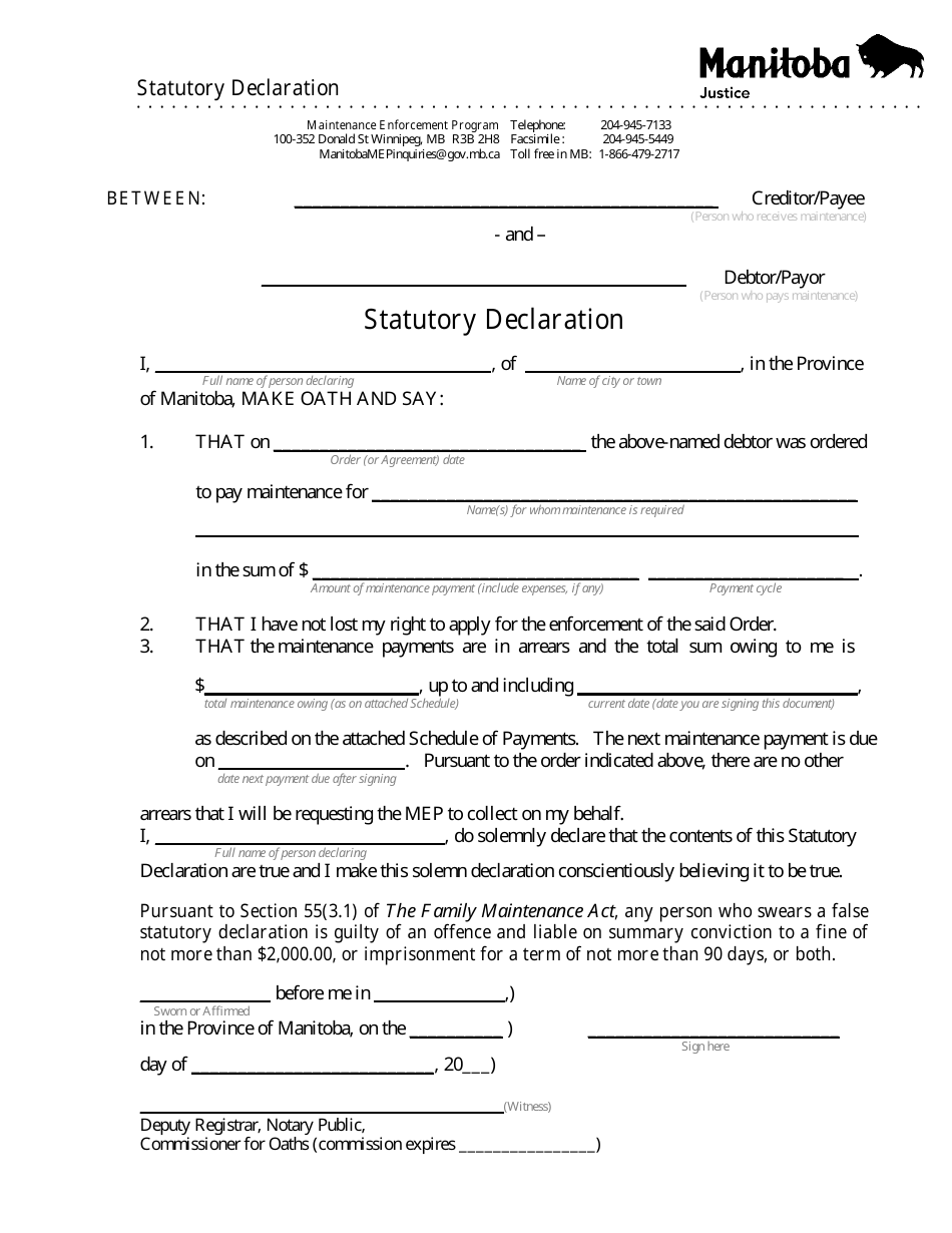 Statutory Declaration - Manitoba, Canada, Page 1