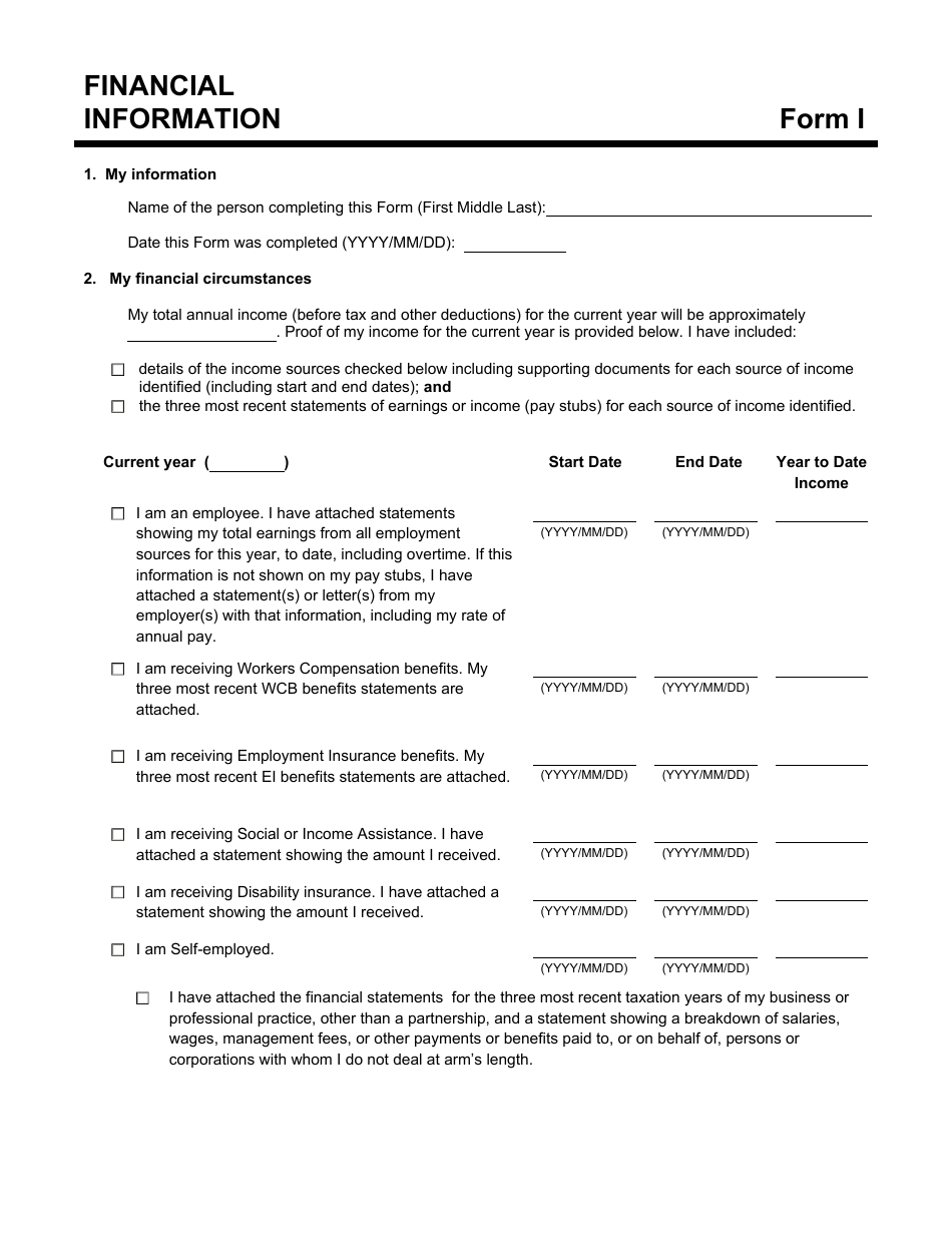 Form I Financial Information - Manitoba, Canada, Page 1