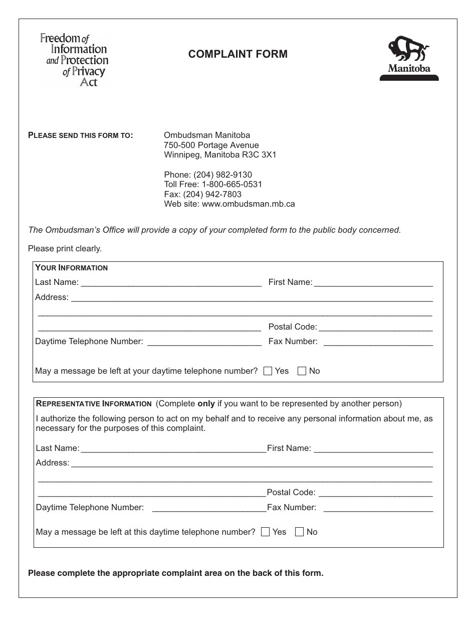 Complaint Form - Manitoba, Canada, Page 1