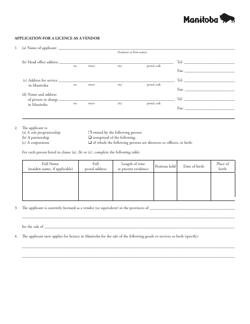Application for a Licence as a Vendor - Manitoba, Canada