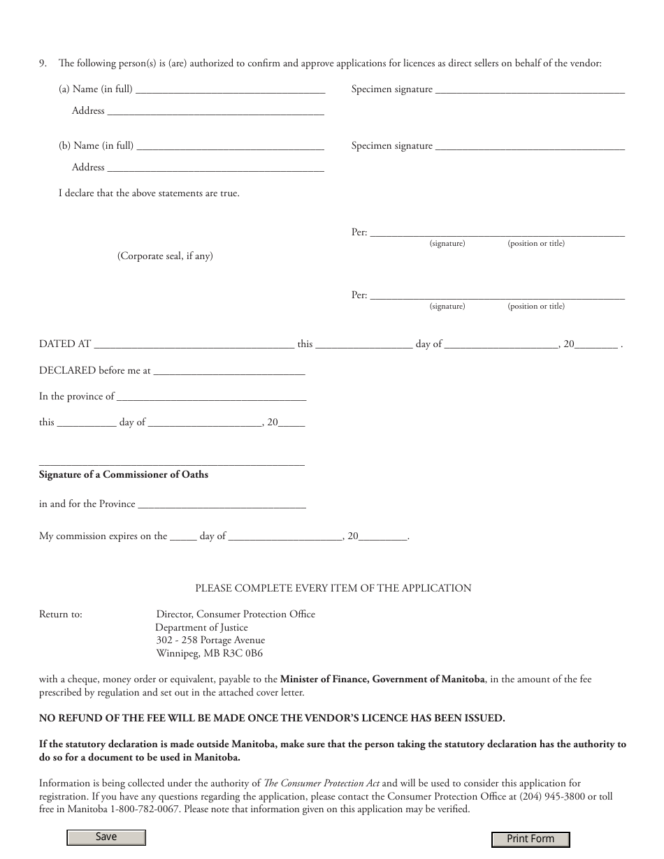 Application for a Licence as a Vendor - Manitoba, Canada, Page 3