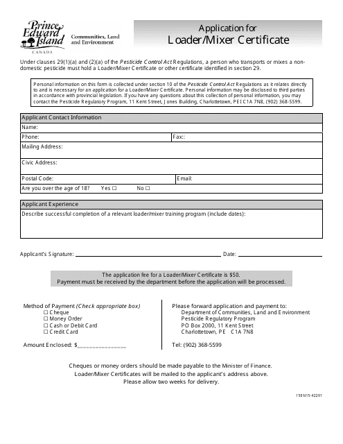 Application for Loader / Mixer Certificate - Prince Edward Island, Canada Download Pdf