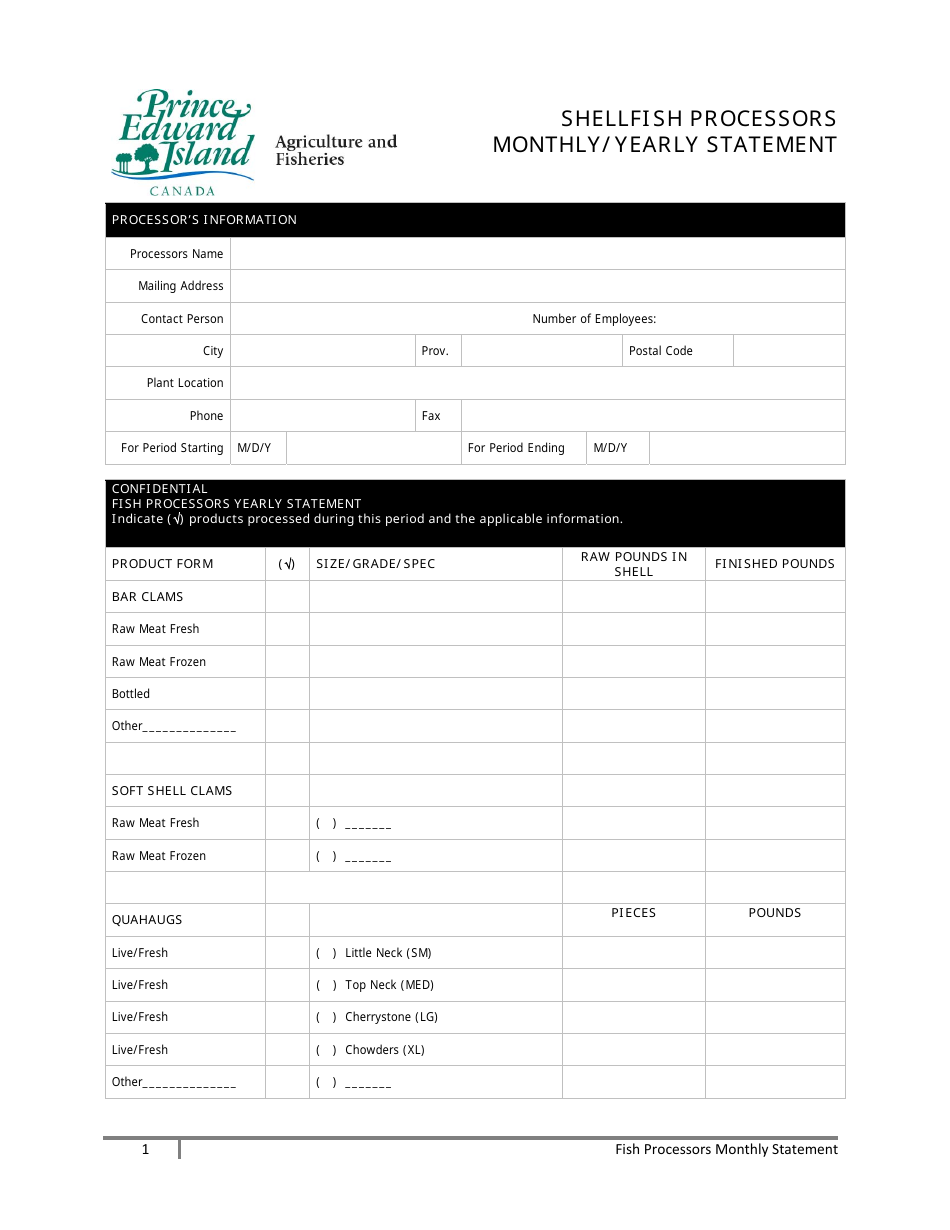 Shellfish Processors Monthly / Yearly Statement - Prince Edward Island, Canada, Page 1