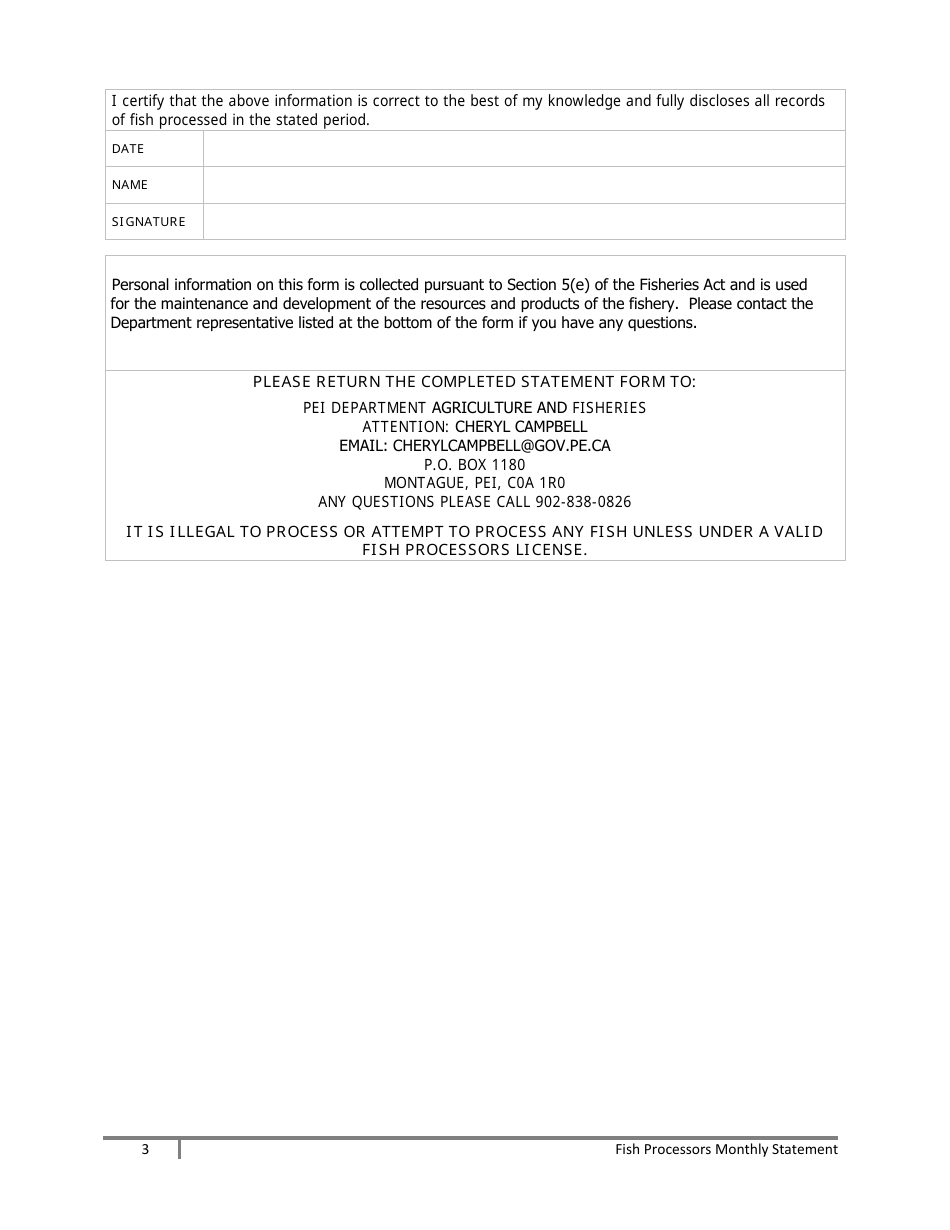 Shellfish Processors Monthly / Yearly Statement - Prince Edward Island, Canada, Page 3