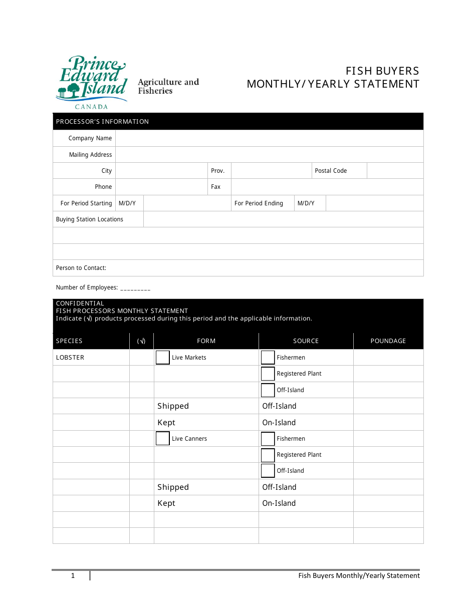 Fish Buyers Monthly / Yearly Statement - Prince Edward Island, Canada, Page 1