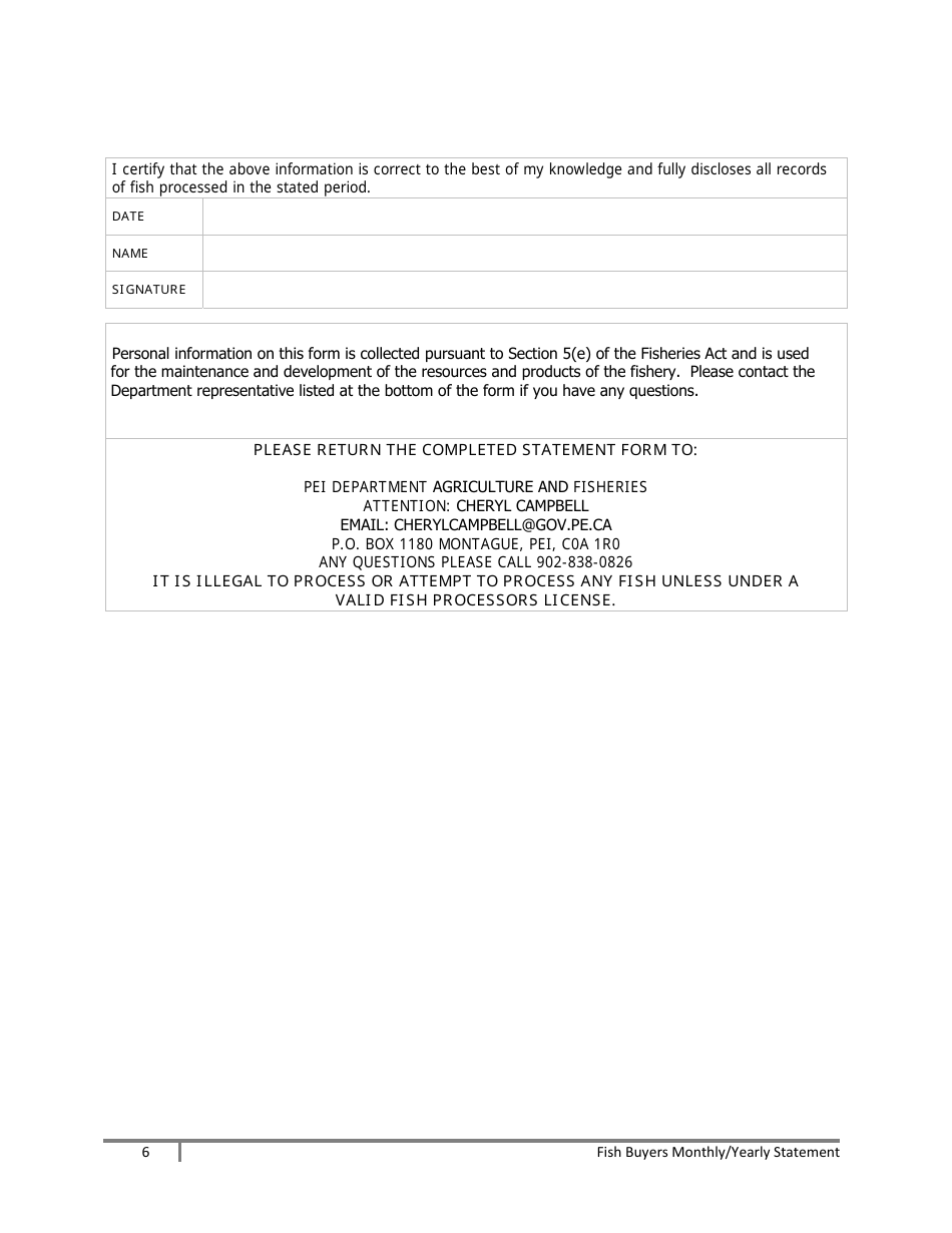 Fish Buyers Monthly / Yearly Statement - Prince Edward Island, Canada, Page 6