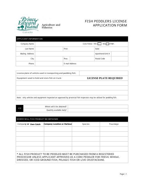 Fish Peddlers License Application Form - Prince Edward Island, Canada Download Pdf
