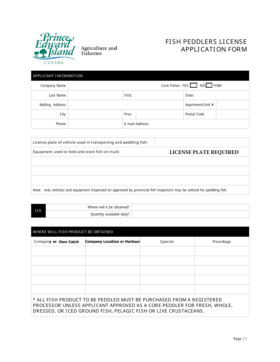 Fish Peddlers License Application Form - Prince Edward Island, Canada, Page 1