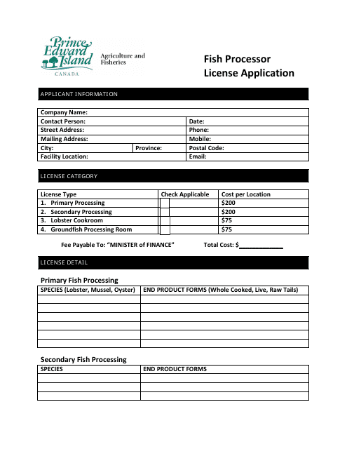 Fish Processor License Application - Prince Edward Island, Canada Download Pdf