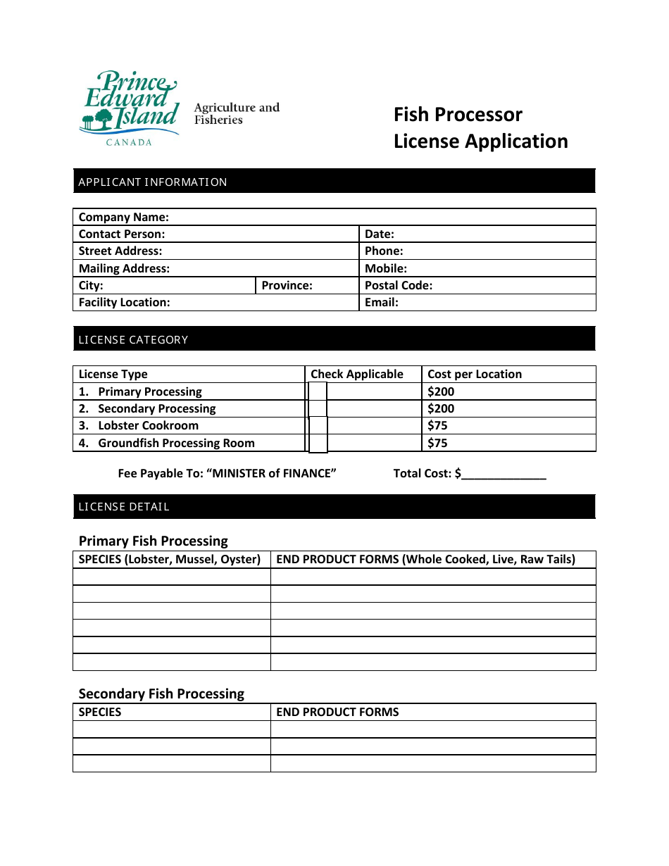 Fish Processor License Application - Prince Edward Island, Canada, Page 1