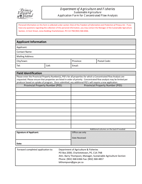 Application Form for Concentrated Flow Analysis - Prince Edward Island, Canada Download Pdf