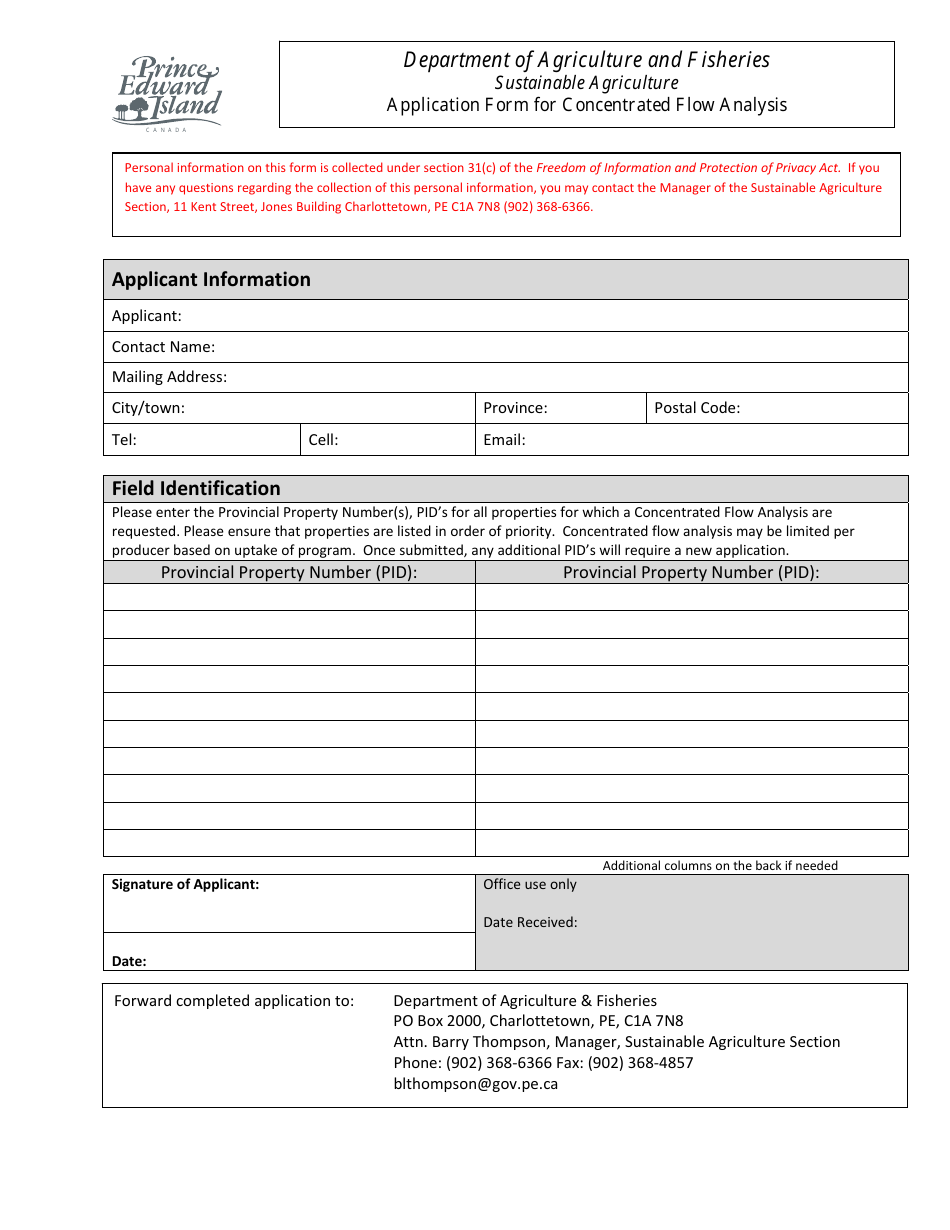 Application Form for Concentrated Flow Analysis - Prince Edward Island, Canada, Page 1