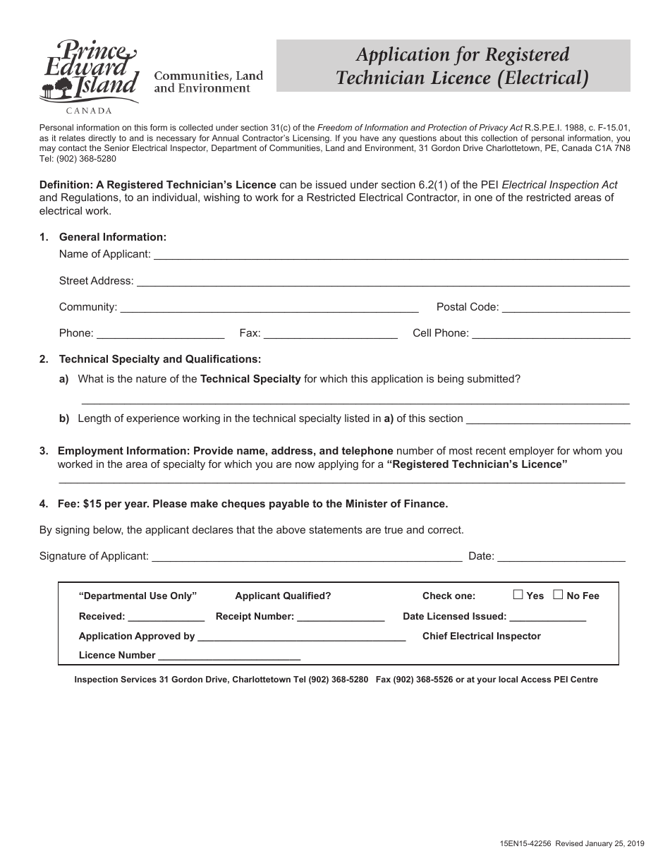 Application for Registered Technician Licence (Electrical) - Prince Edward Island, Canada, Page 1