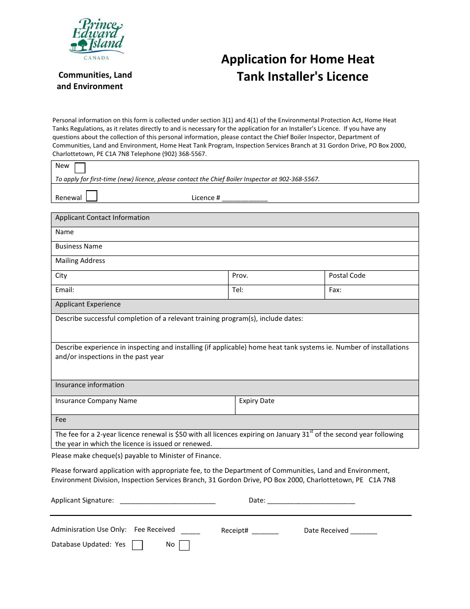 Application for Home Heat Tank Installers Licence - Prince Edward Island, Canada, Page 1