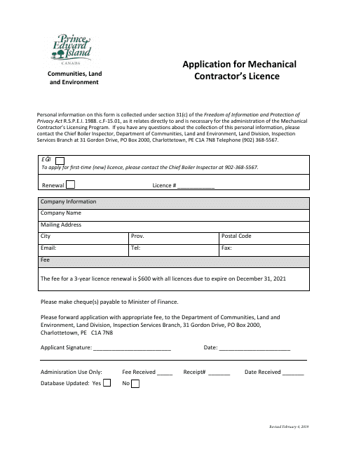 Application for Mechanical Contractor's Licence - Prince Edward Island, Canada