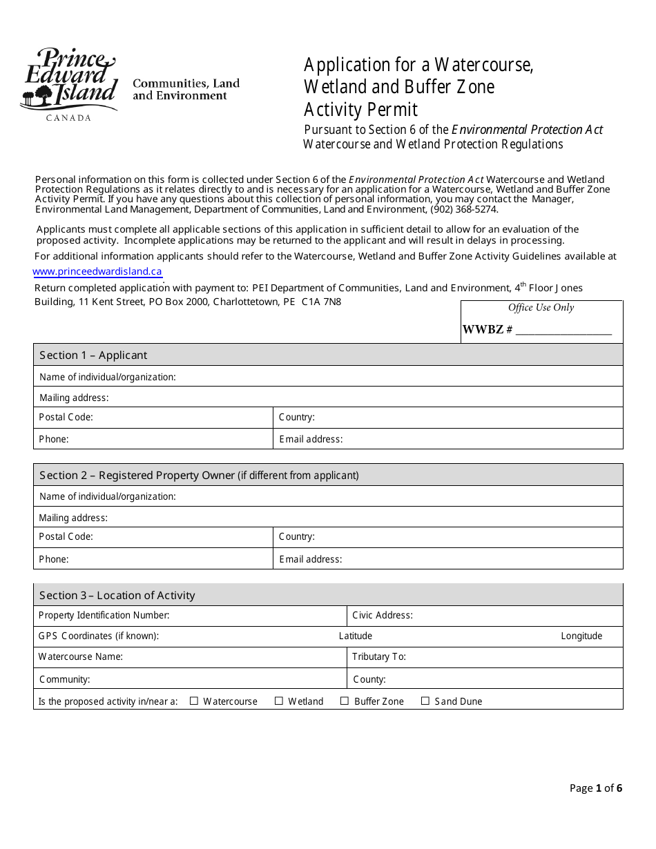 Application for a Watercourse, Wetland and Buffer Zone Activity Permit - Prince Edward Island, Canada, Page 1