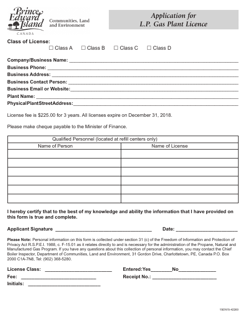 Application for L.p. Gas Plant Licence - Prince Edward Island, Canada