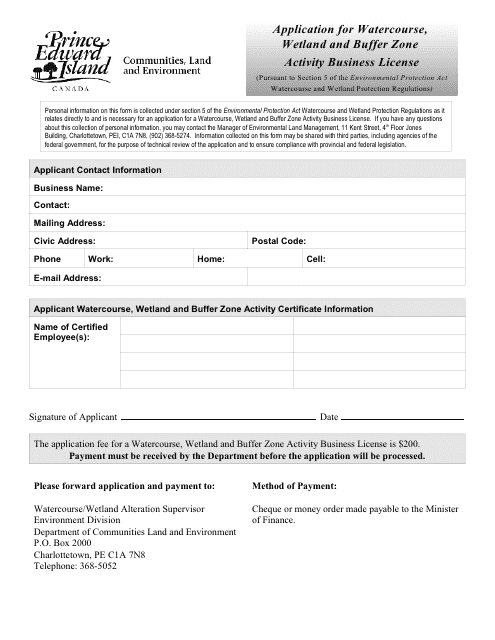 Application for Watercourse, Wetland and Buffer Zone Activity Business License - Prince Edward Island, Canada Download Pdf