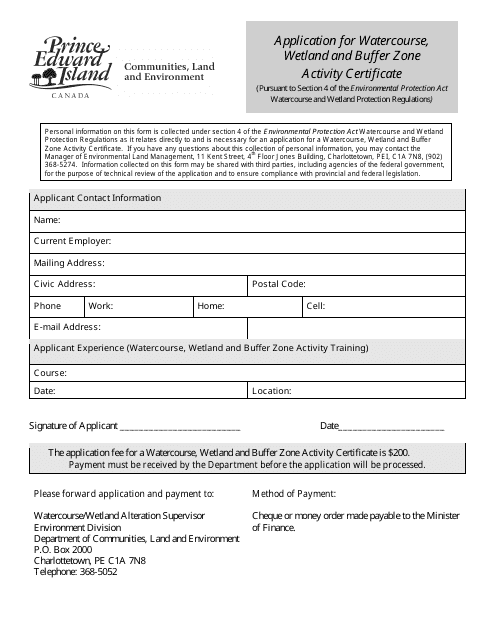 Application for Watercourse, Wetland and Buffer Zone Activity Certificate - Prince Edward Island, Canada Download Pdf