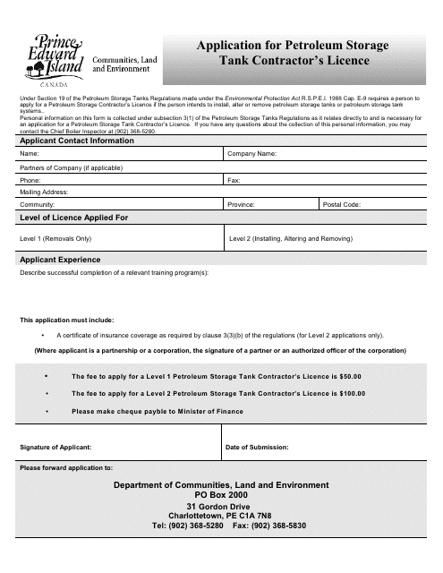 Application for Petroleum Storage Tank Contractor's Licence - Prince Edward Island, Canada