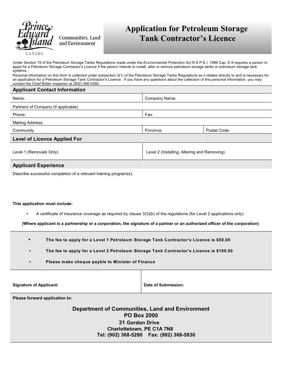 Prince Edward Island Canada Application for Petroleum Storage Tank