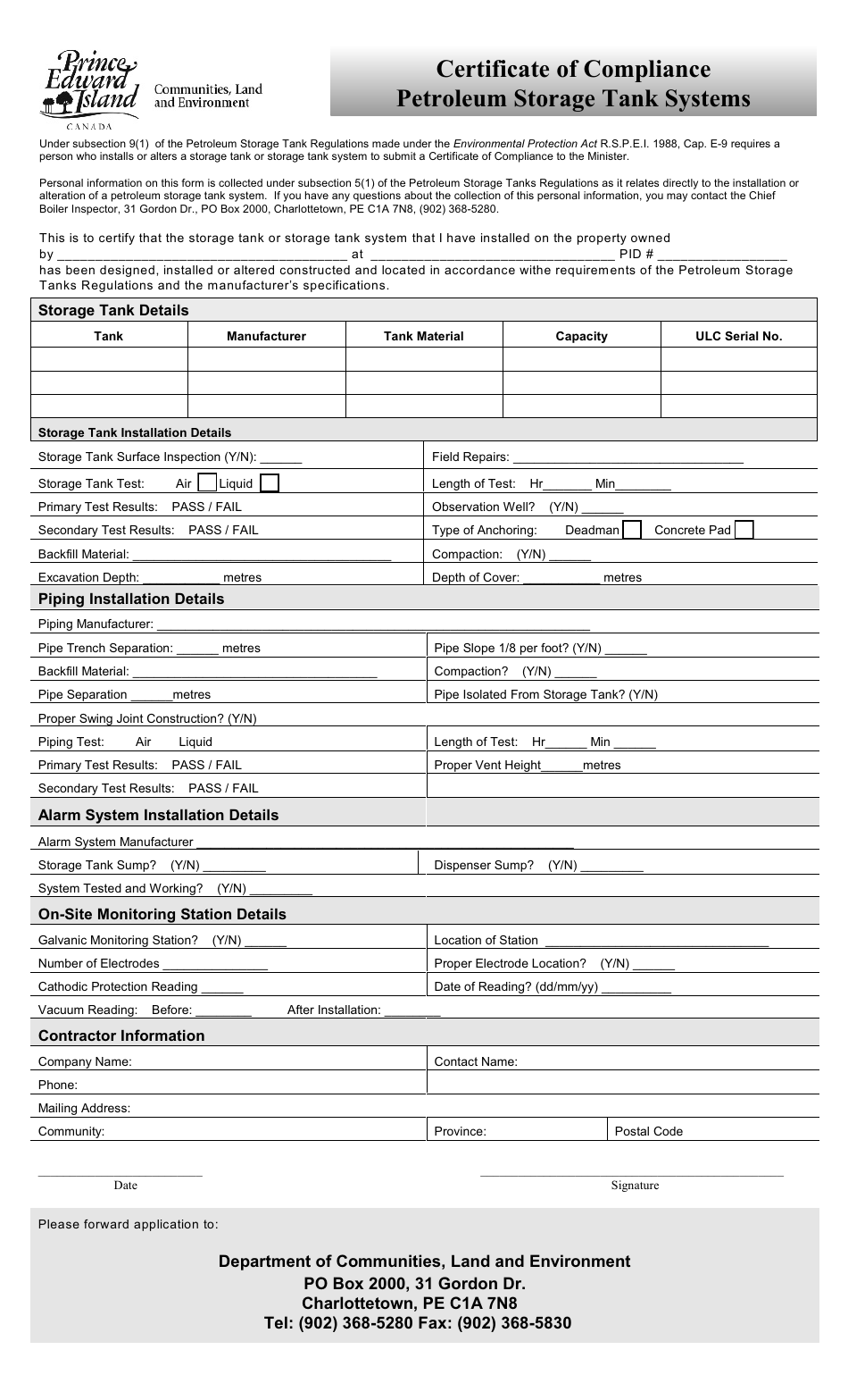 Petroleum Storage Tank Systems Certificate of Compliance - Prince Edward Island, Canada, Page 1