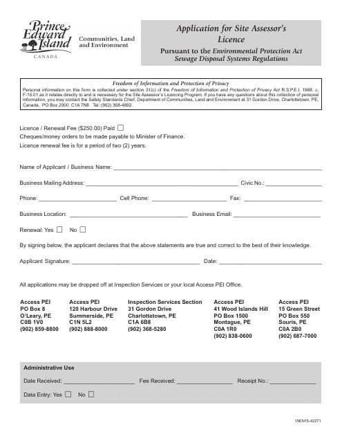 Application for Site Assessor's Licence - Prince Edward Island, Canada