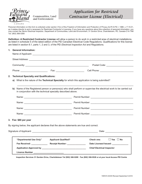 Application for Restricted Contractor License (Electrical) - Prince Edward Island, Canada