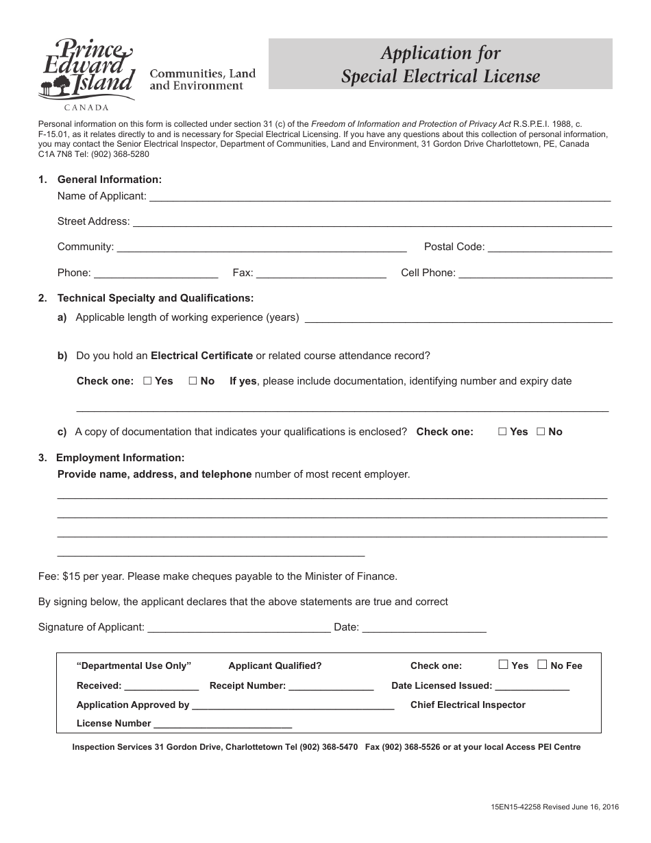 Application for Special Electrical License - Prince Edward Island, Canada, Page 1