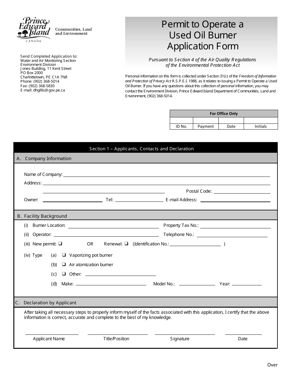 Permit to Operate a Used Oil Burner Application Form - Prince Edward Island, Canada, Page 1