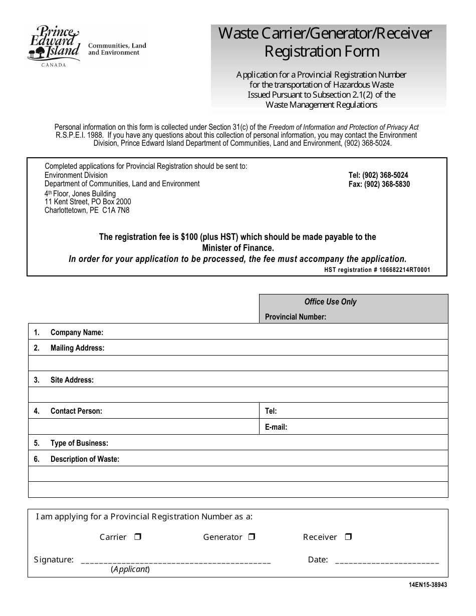 Waste Carrier / Generator / Receiver Registration Form - Prince Edward Island, Canada, Page 1