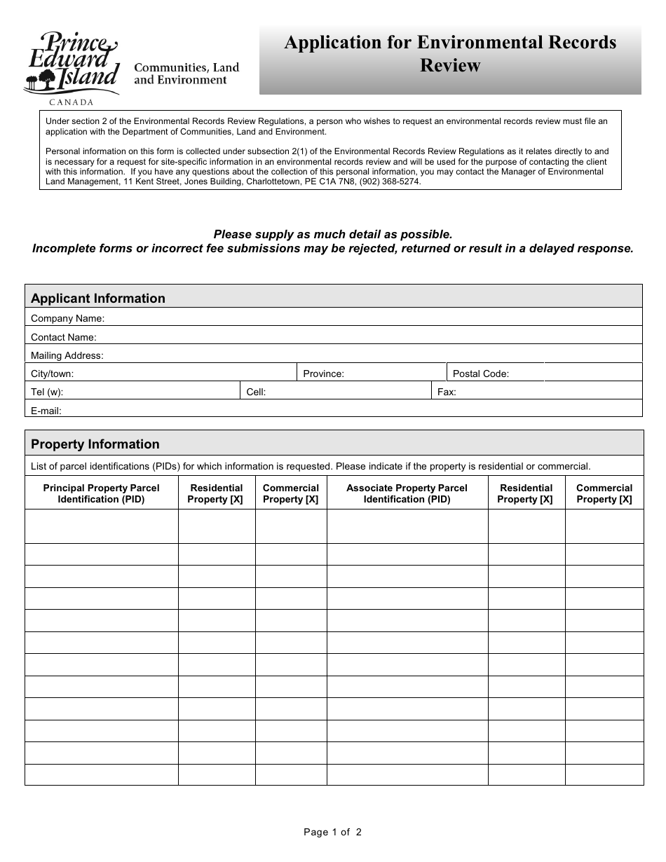 Application for Environmental Records Review - Prince Edward Island, Canada, Page 1