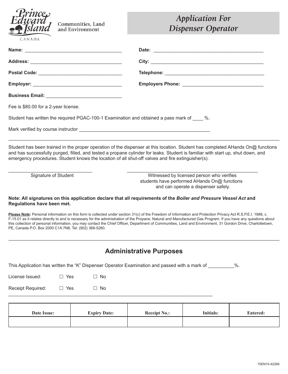 Application for Dispenser Operator - Prince Edward Island, Canada, Page 1